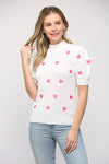 Cream Colored Heart Embellished Short Sleeve Sweater