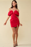 Red Colored Drop Shoulder Side Slit Ruched Bodycon Dress