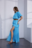 Blue Atoll Colored One Shoulder Tiered Slit Maxi Dress