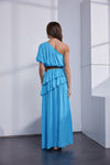 Blue Atoll Colored One Shoulder Tiered Slit Maxi Dress