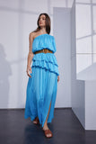 Blue Atoll Colored One Shoulder Tiered Slit Maxi Dress