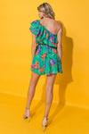 Green and Floral Print One Shoulder Romper