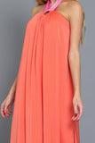 Tangerine and Pink Colored Halter Sash Neck Backless Maxi Dress