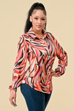 Red Colored Multi Marble Print Button Down Blouse