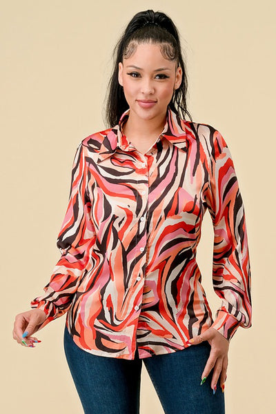 Red Colored Multi Marble Print Button Down Blouse