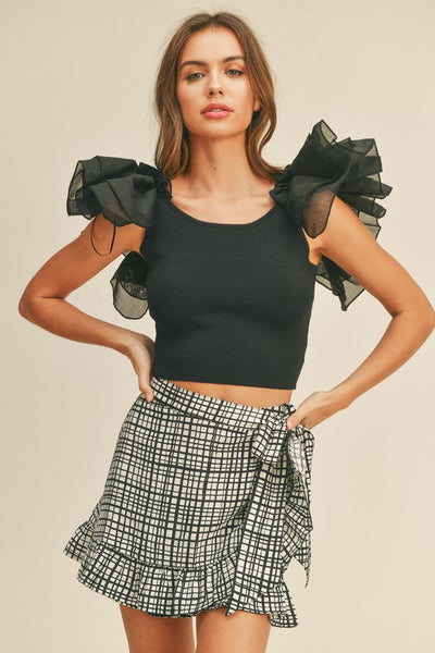 Black Colored Knit Ruffled Sleeve Detail Top