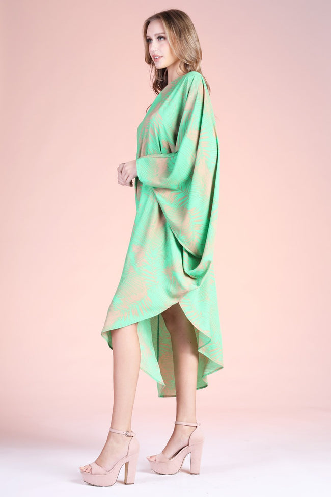 Green Colored Leaf Print Asymmetrical One Sleeve Dress