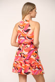 Coral and Yellow Geo Print Halter Neck Dress