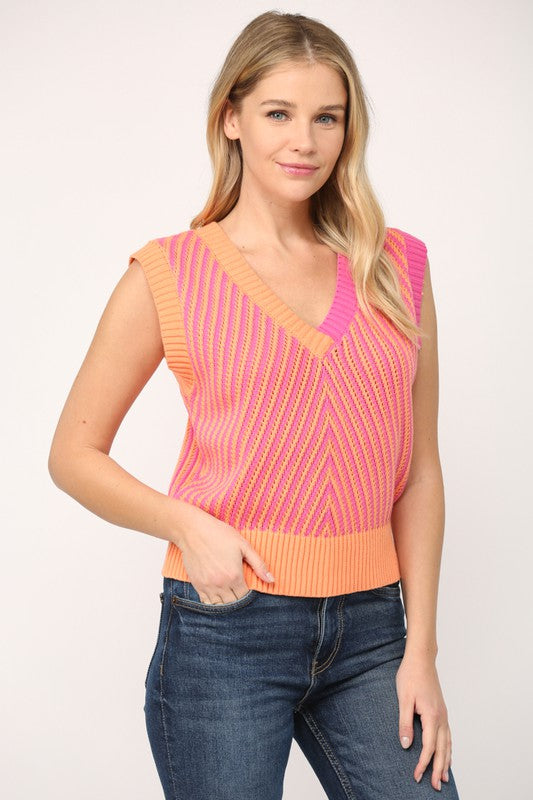 Hot Pink and Tangerine Colored Knit Sweater Vest