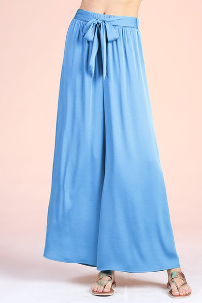 Clean Blue Colored Washed Poly Silk Tie Waist Wide Leg Pants