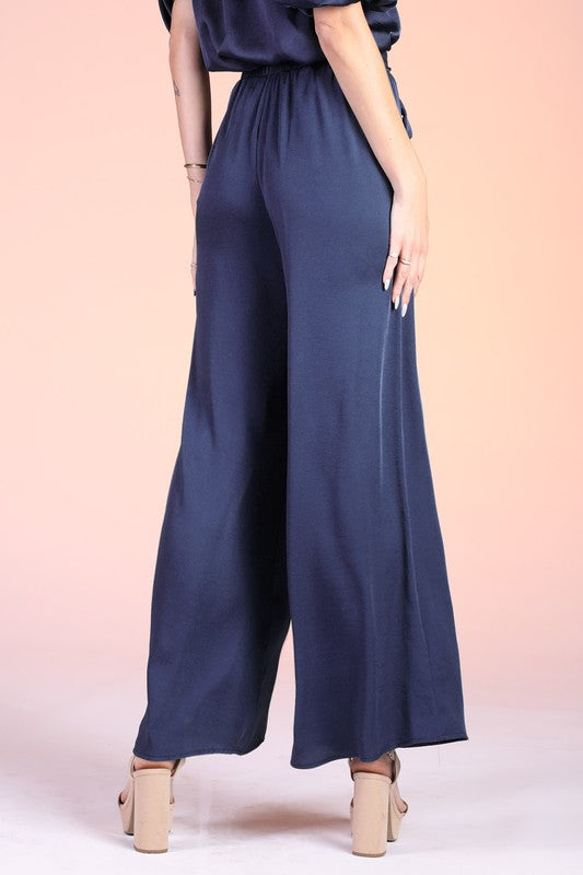 Navy Colored Washed Poly Silk Tie Waist Wide Leg Pants