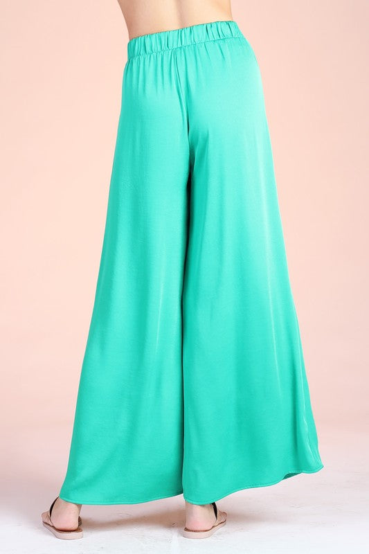 Green Washed Poly Silk Tie Waist Wide Leg Pants