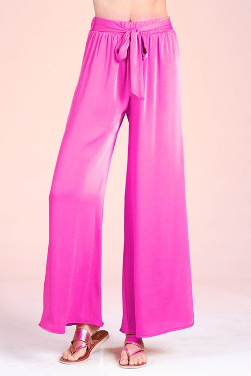 Fuchsia Colored Washed Poly Silk Tie Waist Wide Leg Pants