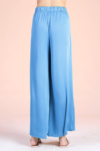 Clean Blue Colored Washed Poly Silk Tie Waist Wide Leg Pants