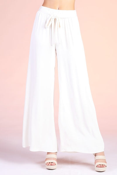Ivory Poly Silk Tie Waist Wide Leg Pants