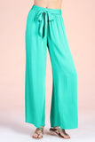 Green Washed Poly Silk Tie Waist Wide Leg Pants