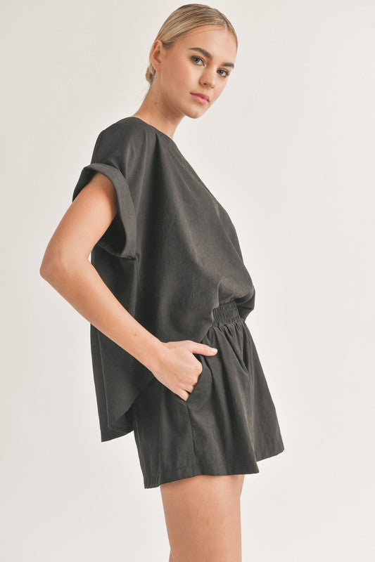 Black Colored Oversized Top and Shorts Two-Piece Set