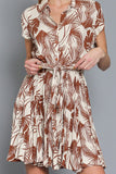 Tan and Brown Colored Short Sleeve Belted Ruffled Mini Dress