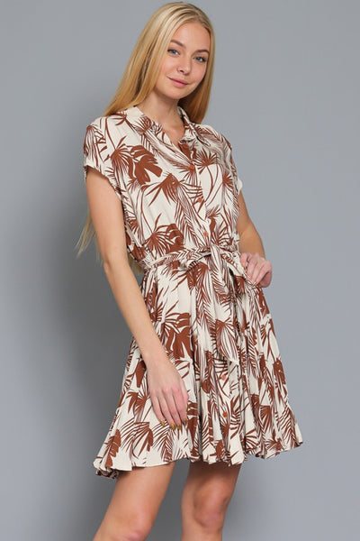 Tan and Brown Colored Short Sleeve Belted Ruffled Mini Dress