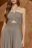 Ash Grey Colored Smocked Cutout Halter Neck Jumpsuit