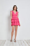 Hot Pink Drawstring Shoulder Deep V Neck Ruffle Dress