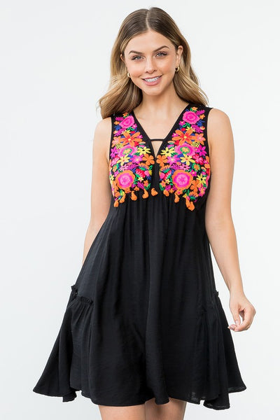 Black Multi Colored Embroidered Dress