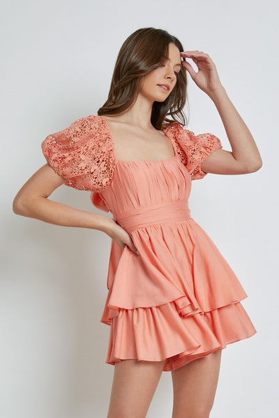 Apricot Colored Lace Sleeve Back Tie Ruffle Dress