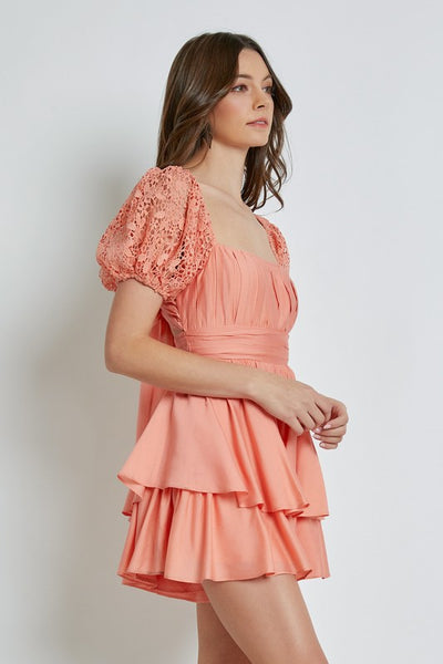 Apricot Colored Lace Sleeve Back Tie Ruffle Dress
