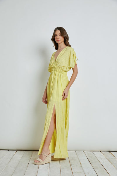 Lemon Colored Shoulder Drawstring Crossover Dress