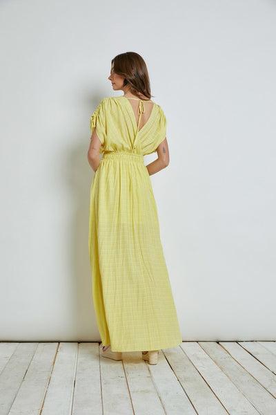 Lemon Colored Shoulder Drawstring Crossover Dress