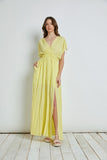 Lemon Colored Shoulder Drawstring Crossover Dress