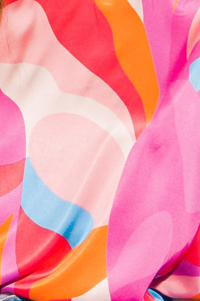 Pink and Blue Printed Satin Round Neck Top