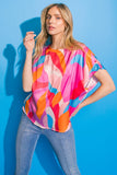 Pink and Blue Printed Satin Round Neck Top
