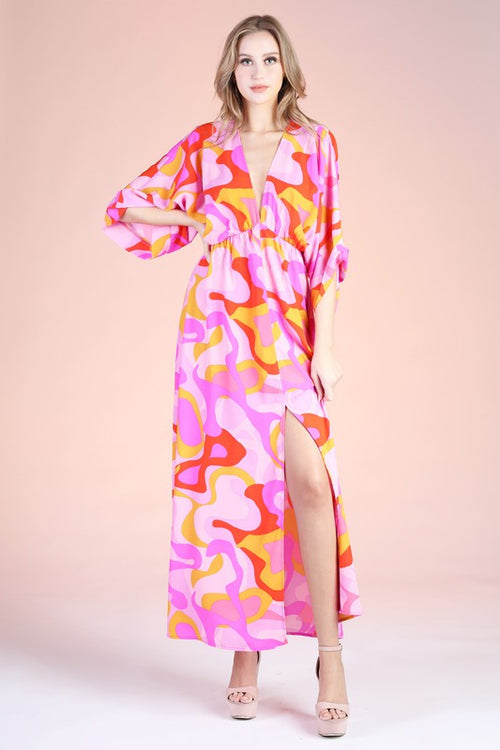 Pink Multi Colored Kimono Maxi Dress