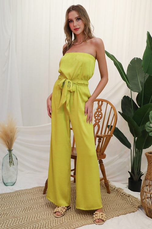 Chartreuse Colored Washed Poly Silk Tie Front Strapless Jumpsuit