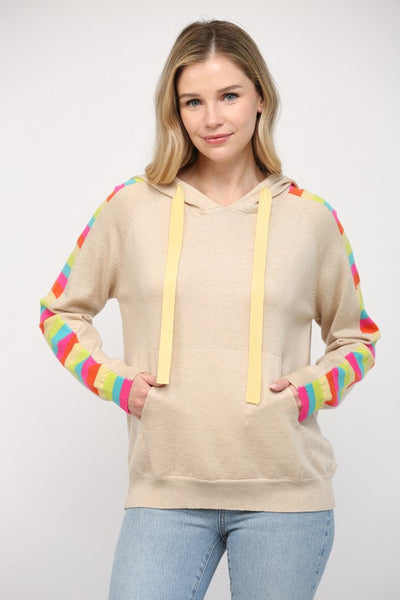 Oatmeal Colored Color Block Sleeve Detail Hoodie Sweater