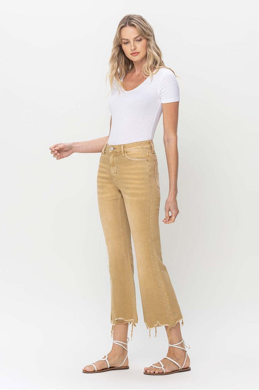 Golden Brown Colored Vintage High Rise Cropped Flare Jeans