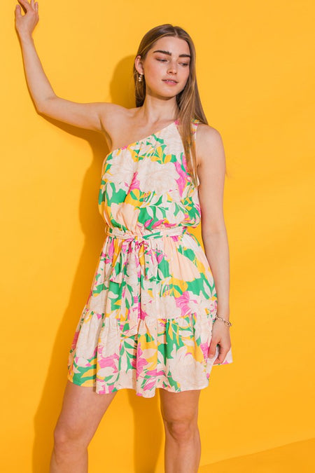 Coral and Yellow Geo Print Halter Neck Dress