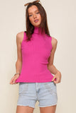 Magenta Colored Sleeveless High Neck Ribbed Knit Sweater Top