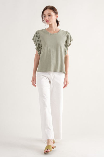 Dusty Sage Colored Ruffle Shoulder Sleeveless Top