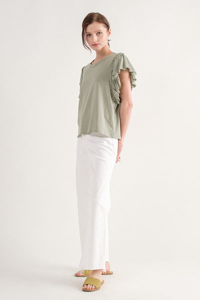Dusty Sage Colored Ruffle Shoulder Sleeveless Top