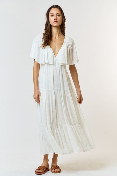 Off White Colored V Neck Flutter Sleeve Maxi Dress