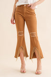 Camel Colored Stretch Twill Distressed Knee Fringe Leg Jeans