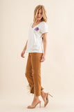 Camel Colored Stretch Twill Distressed Knee Fringe Leg Jeans