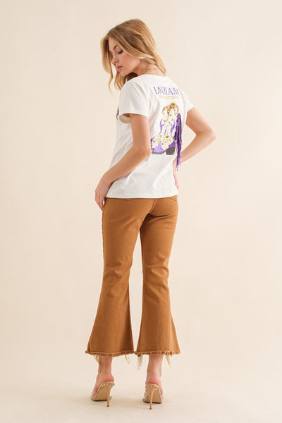 Camel Colored Stretch Twill Distressed Knee Fringe Leg Jeans