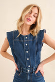 Medium Wash Denim Ruffle Sleeve Bell Bottom Jumpsuit