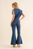 Medium Wash Denim Ruffle Sleeve Bell Bottom Jumpsuit
