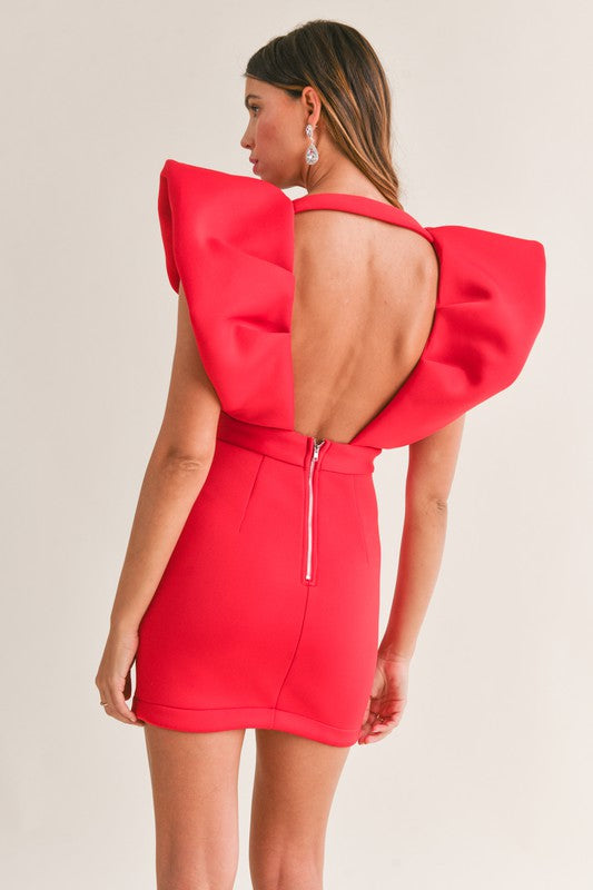 Red Colored Bubble Sleeve Wrap Mini Dress