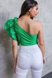 Green Colored Ruffled One Shoulder Bodysuit