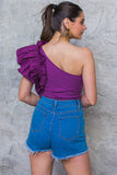 Purple Colored Ruffled One Shoulder Bodysuit